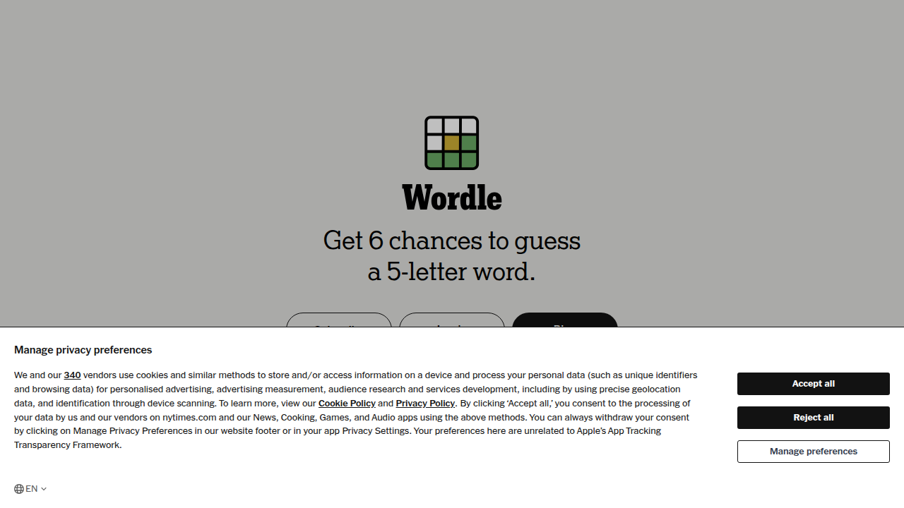 The simple, daily interface of Wordle, where players deduce a five-letter word through logical guesses.