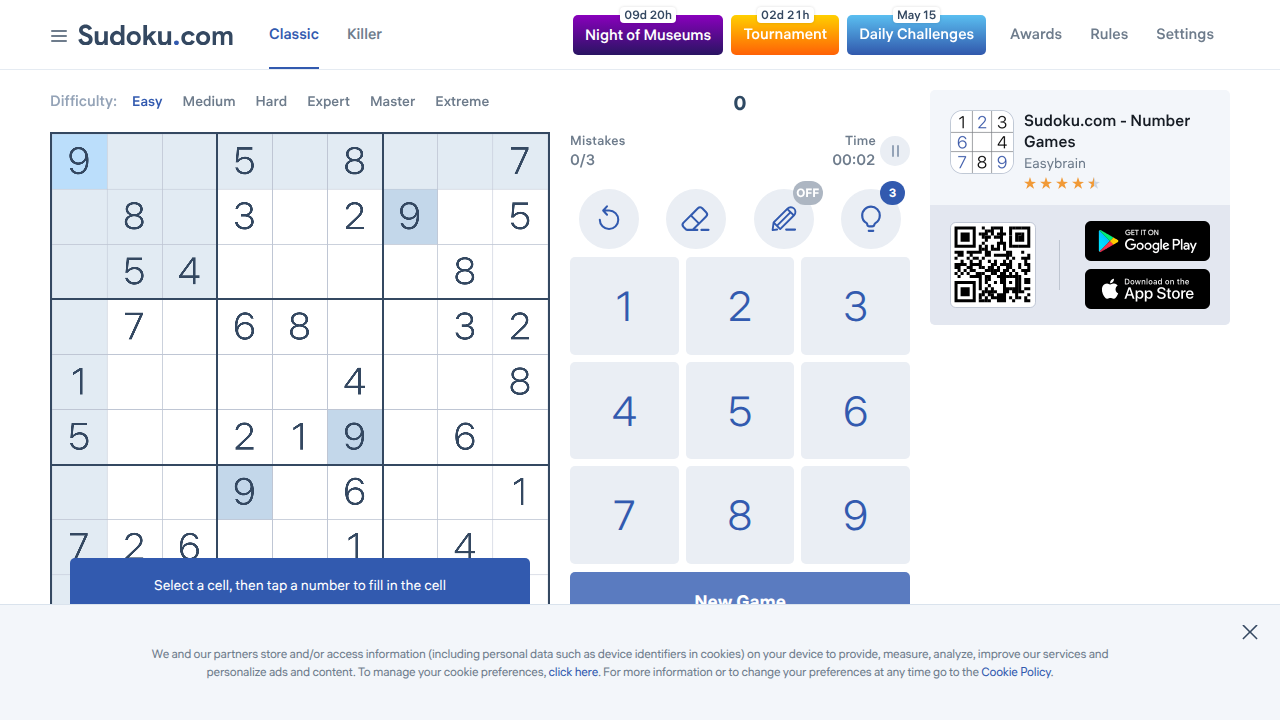 Screenshot of Sudoku.com, a popular online platform for classic puzzle games that challenge logic and pattern recognition.