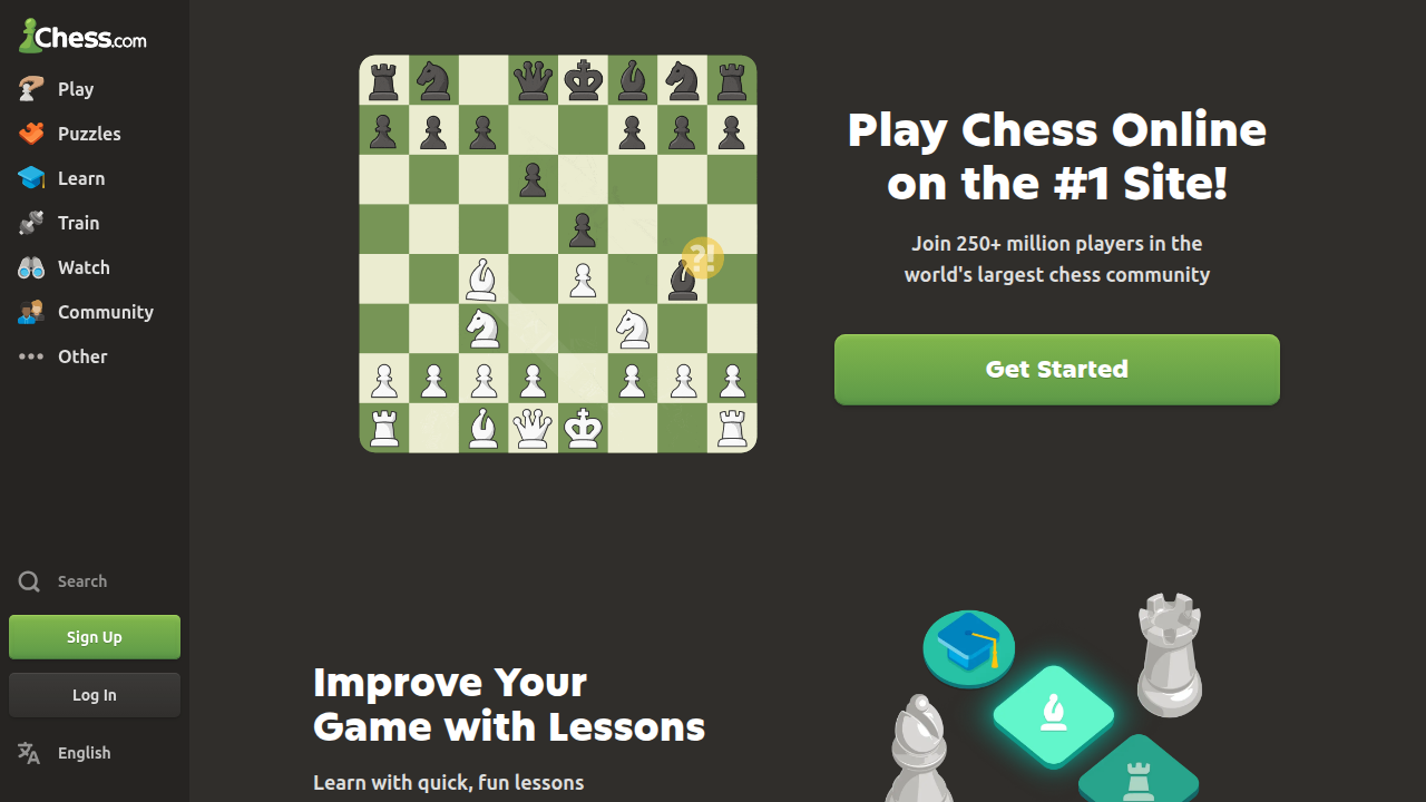 Screenshot of Chess.com, a leading online platform for playing chess and developing strategic thinking skills.