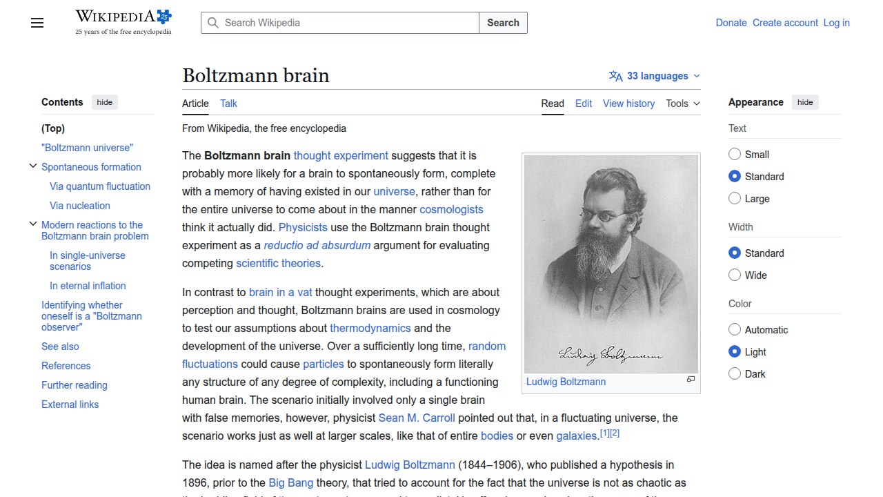 A screenshot of the Wikipedia page explaining the Boltzmann brain hypothesis, a concept in theoretical physics.