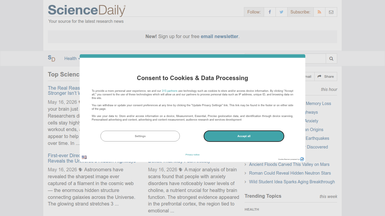 The homepage of ScienceDaily, a source for science news and research, referenced for an analysis of the Boltzmann brain hypothesis.