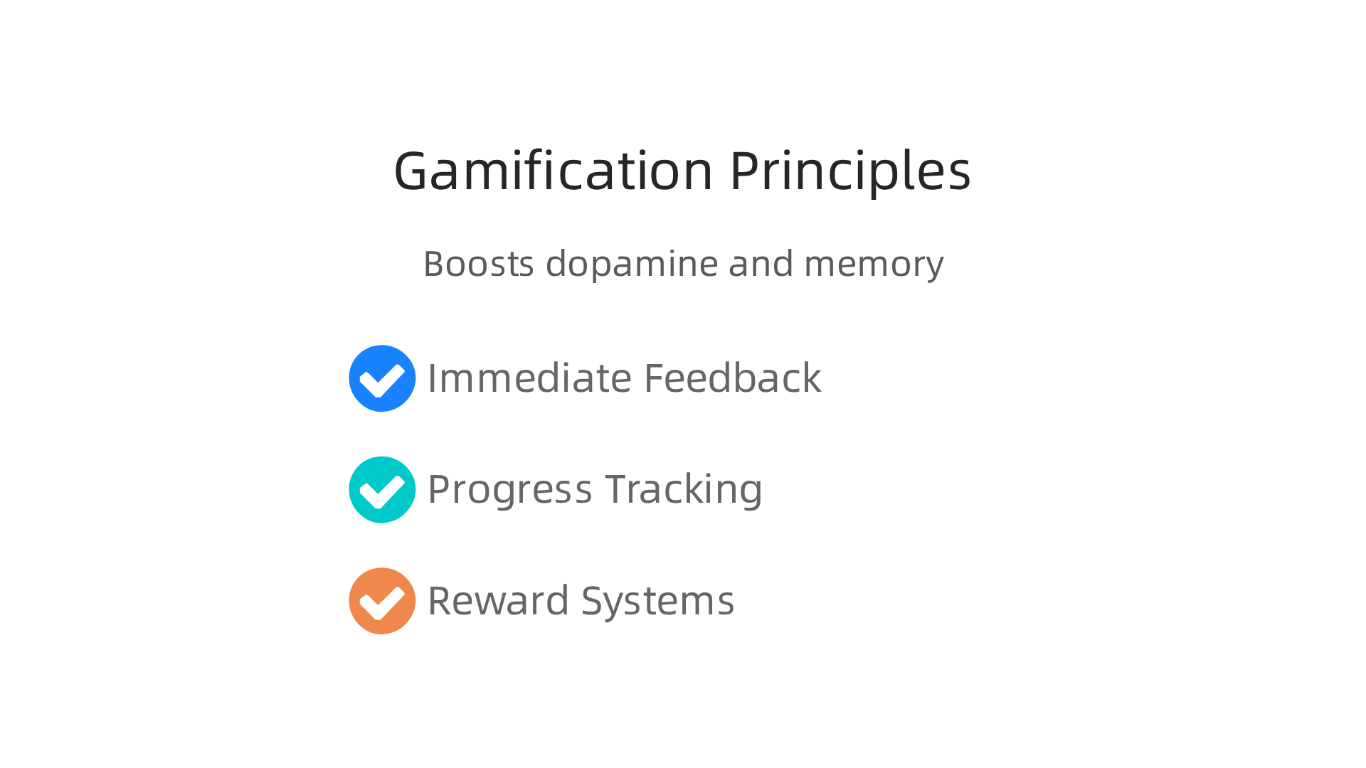 An infographic detailing the three key principles of gamification: immediate feedback, progress tracking, and reward systems, and how they boost dopamine and memory consolidation.