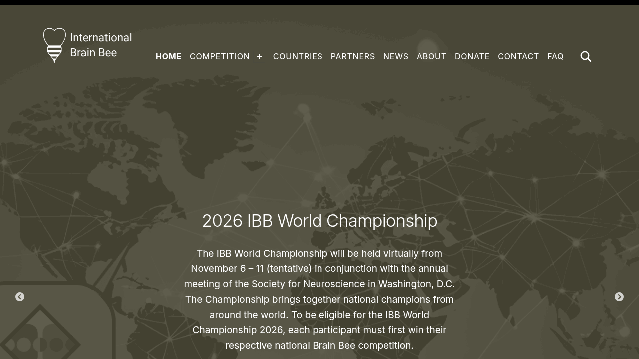 The official homepage of the International Brain Bee, showcasing information about the global neuroscience competition for teenagers.