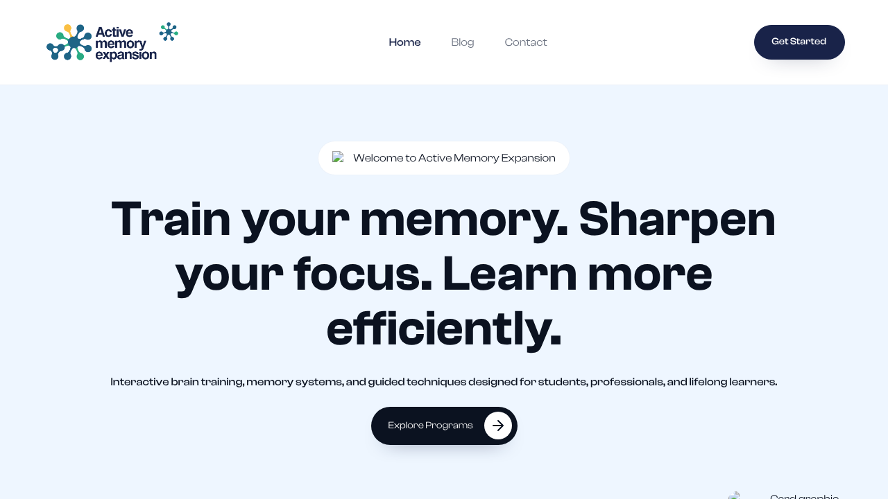 The homepage of Active Memory Expansion, offering resources and games designed to boost brain power and cognitive function.