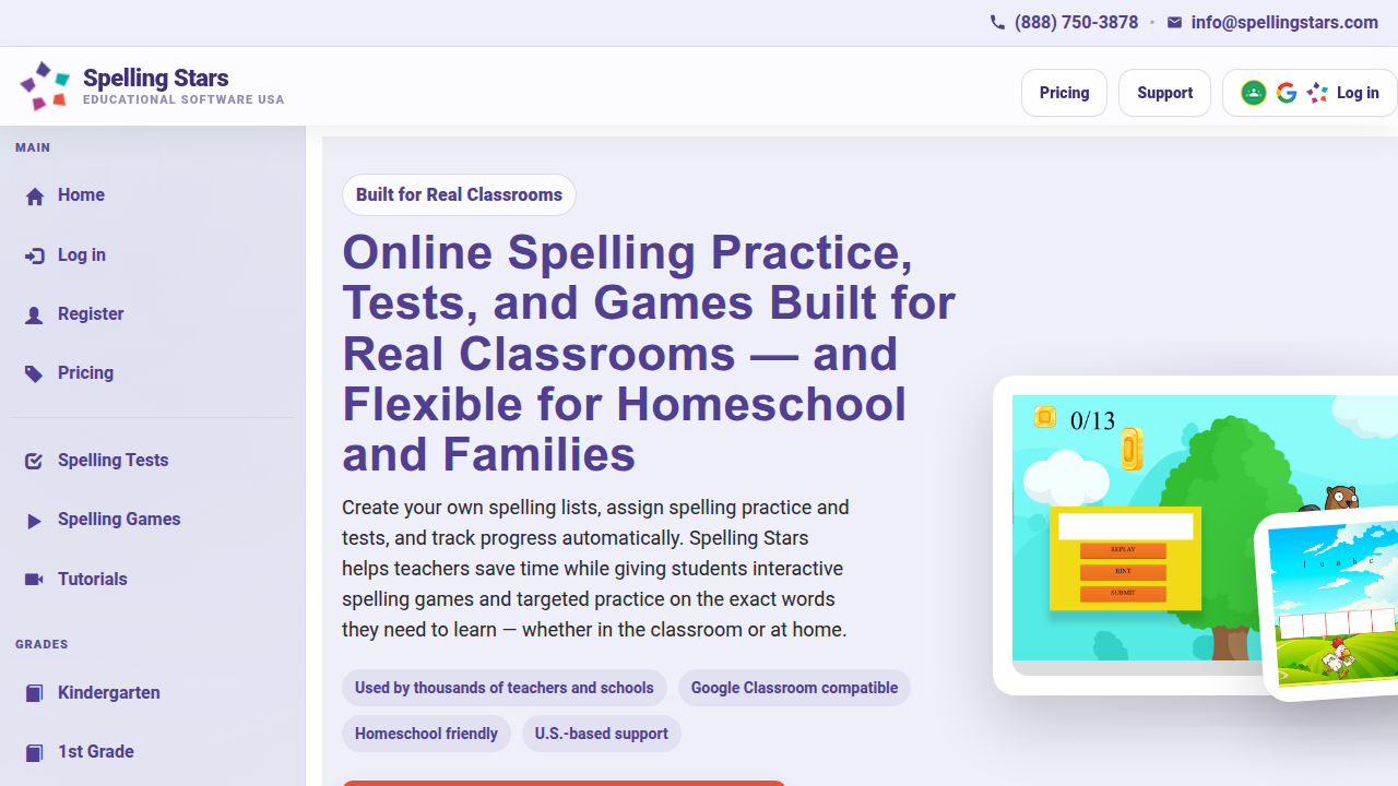 A screenshot of the Spelling Stars website, a platform designed for classroom and homeschool use with custom lists and progress tracking.