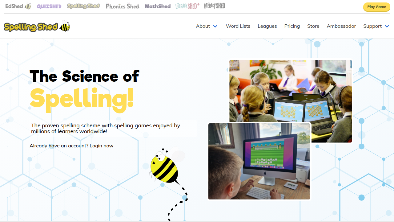 A screenshot of the Spelling Shed website, known for its gamified design with badges and leaderboards to engage users in spelling practice.
