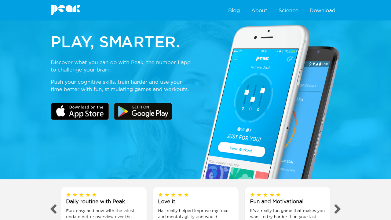 Screenshot of the Peak website homepage, an example of a mobile app for cognitive skill development.