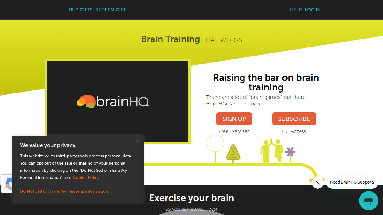 Screenshot of the BrainHQ homepage, a science-backed program for cognitive training, often used by older adults.