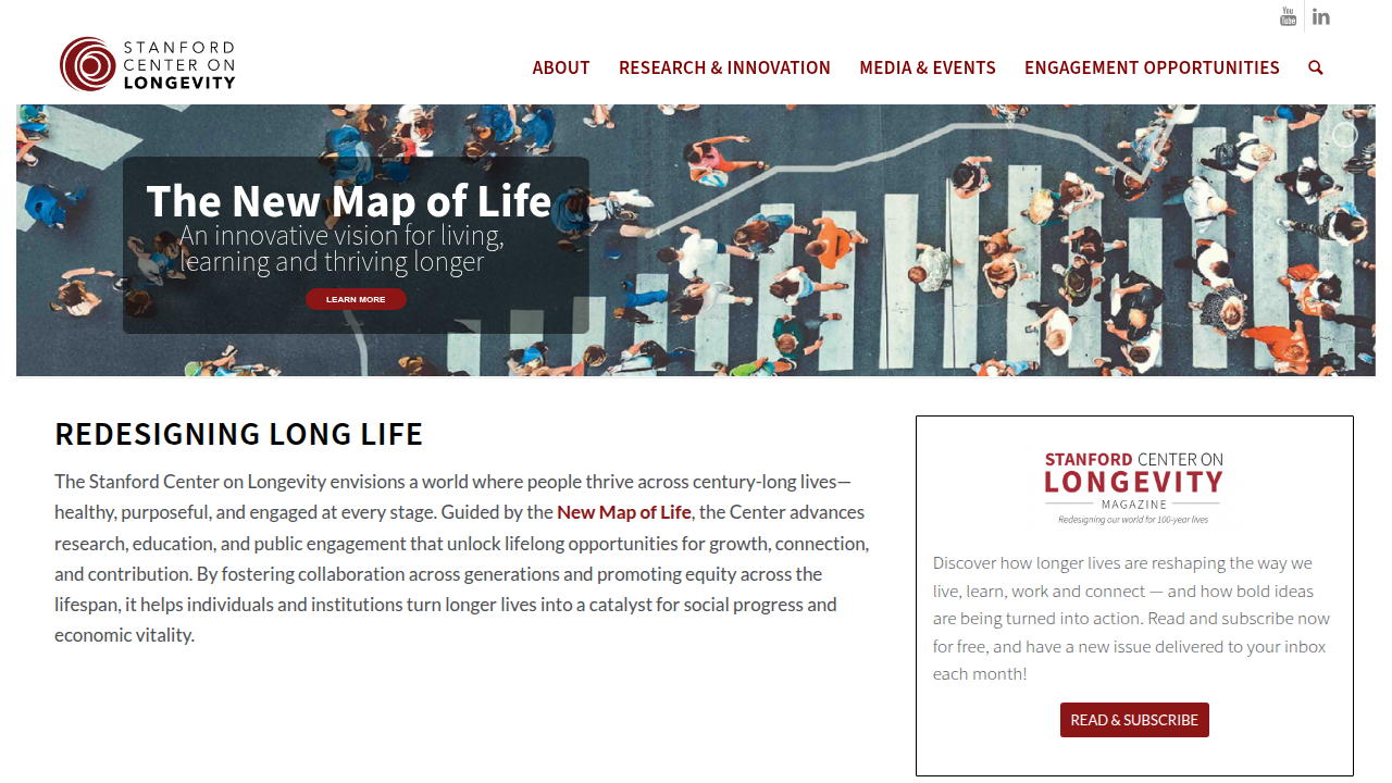 Screenshot of the Stanford Center on Longevity homepage, representing a scientific institution that provides a consensus on the brain training industry.