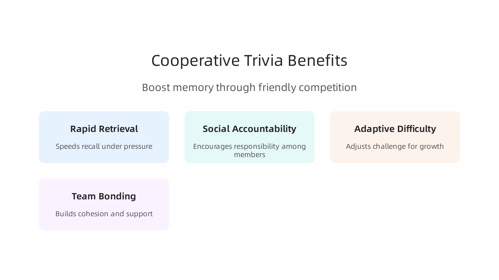Cooperative trivia challenges strengthen memory by boosting rapid retrieval, fostering social accountability, and adapting difficulty for optimal cognitive growth.