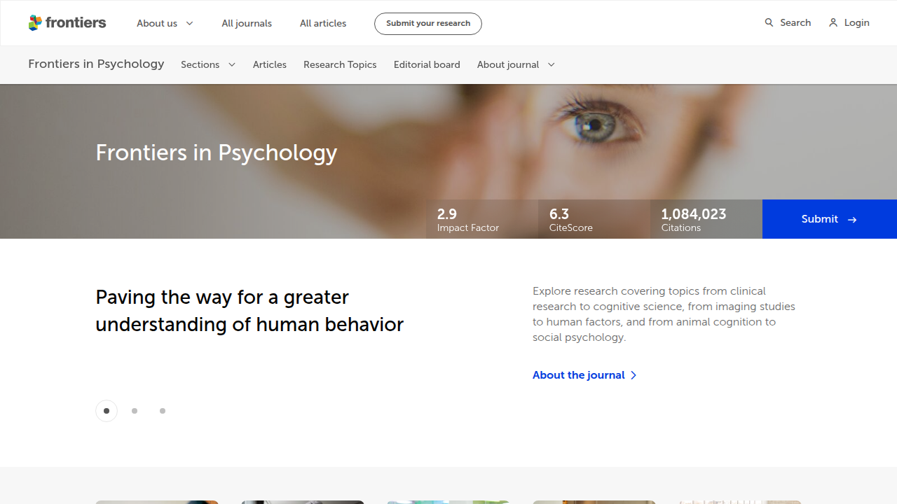 The homepage of Frontiers in Psychology, a journal cited for research on chess and cognitive function.