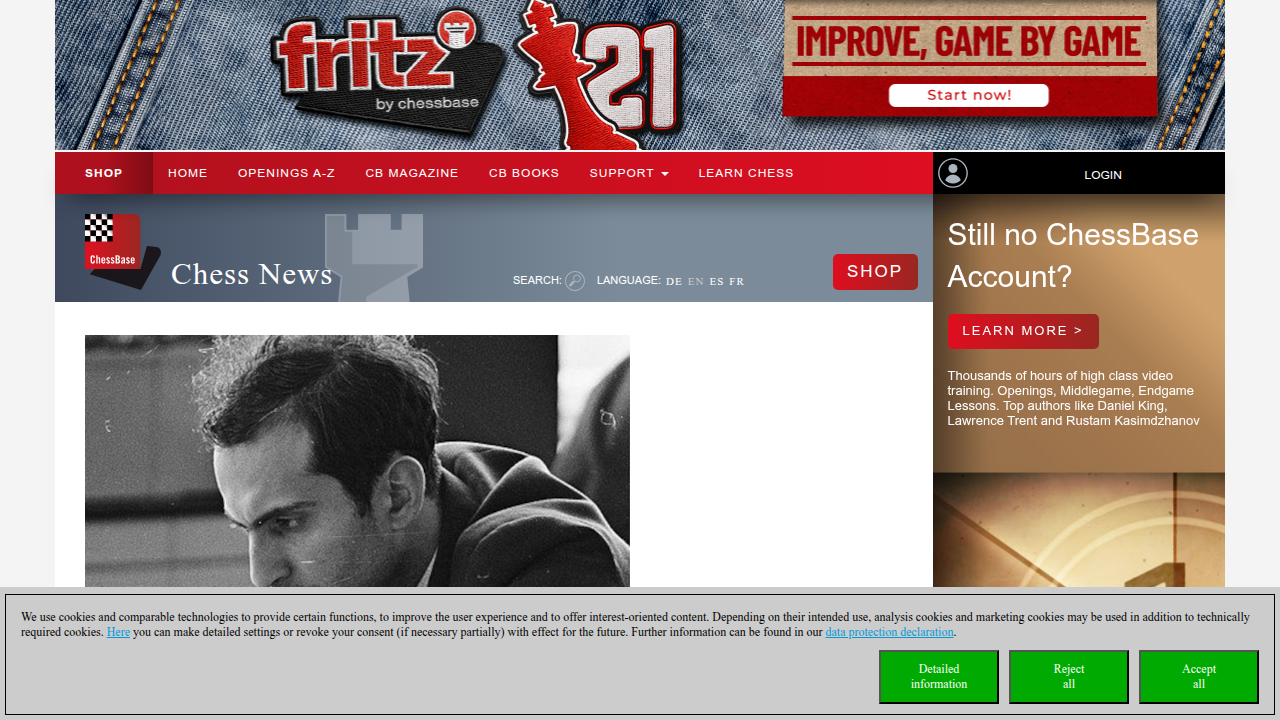 The ChessBase website, a prominent source for chess news, databases, and interviews with grandmasters.