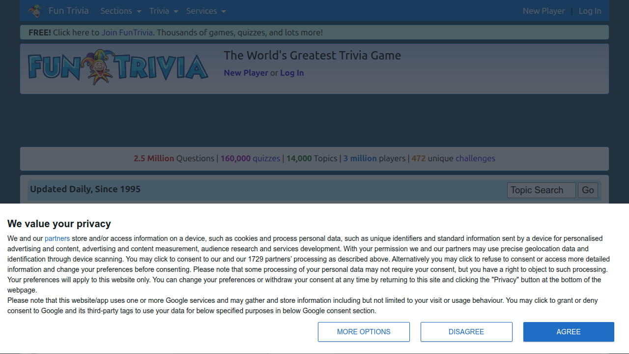 The homepage of Fun Trivia, showcasing a wide range of quiz categories.