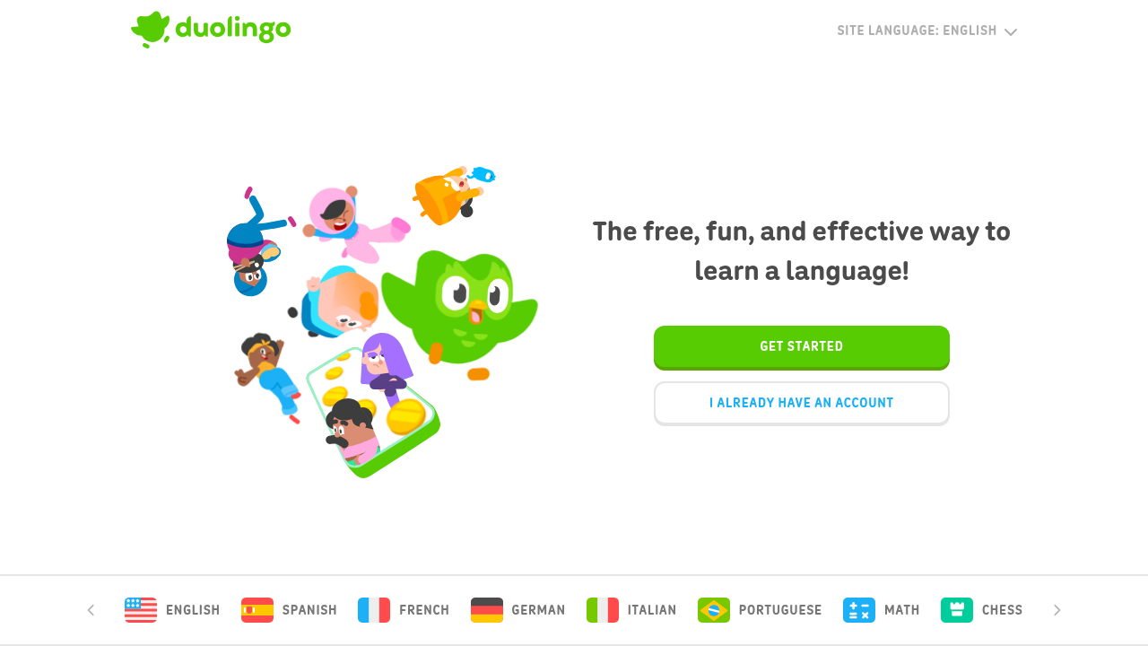 A snapshot of the Duolingo homepage, showcasing its user-friendly interface for language learning.