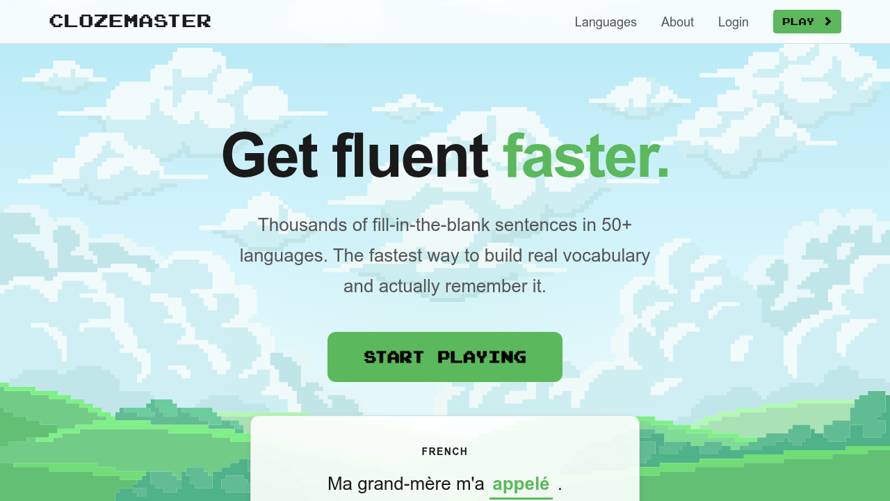 The Clozemaster homepage, demonstrating its focus on grammar and sentence completion exercises.