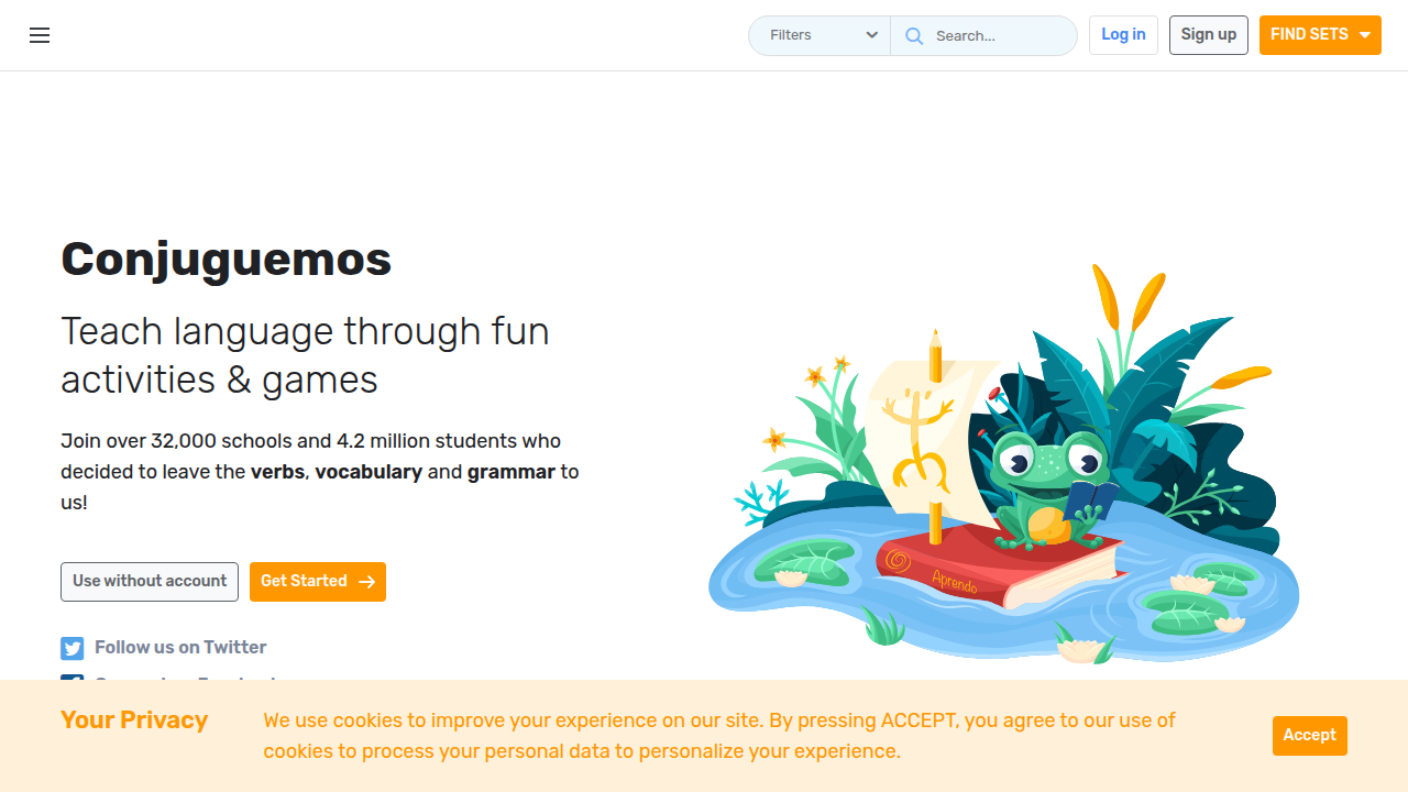 A screenshot of the Conjuguemos homepage, illustrating its specialized tools for verb conjugation practice.