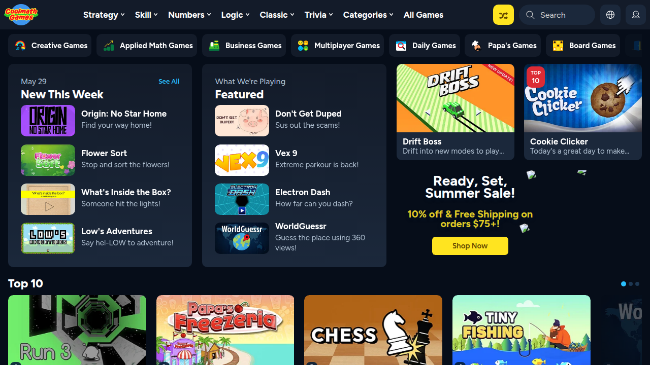 The homepage of Cool Math Games, featuring various educational games for all ages, including the Hangman game.