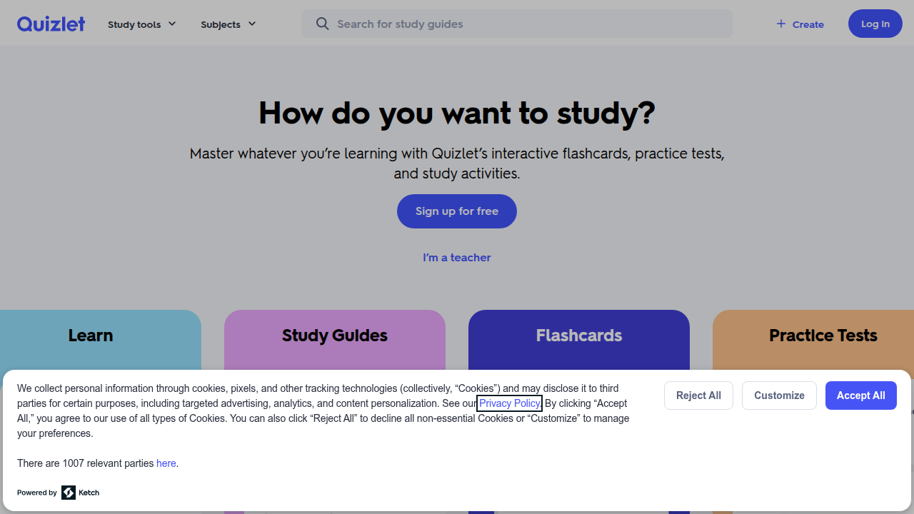 Quizlet's homepage showcasing its popular flashcard and study tools that incorporate gamification.