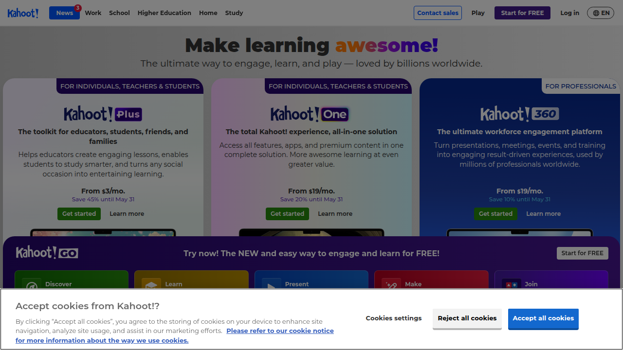 The Kahoot! homepage, highlighting its interactive quiz format designed for engaging group and social learning.