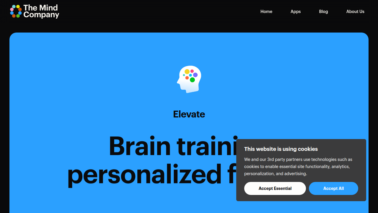 The official website for the Elevate app, showcasing its brain training games for vocabulary and cognitive skills.
