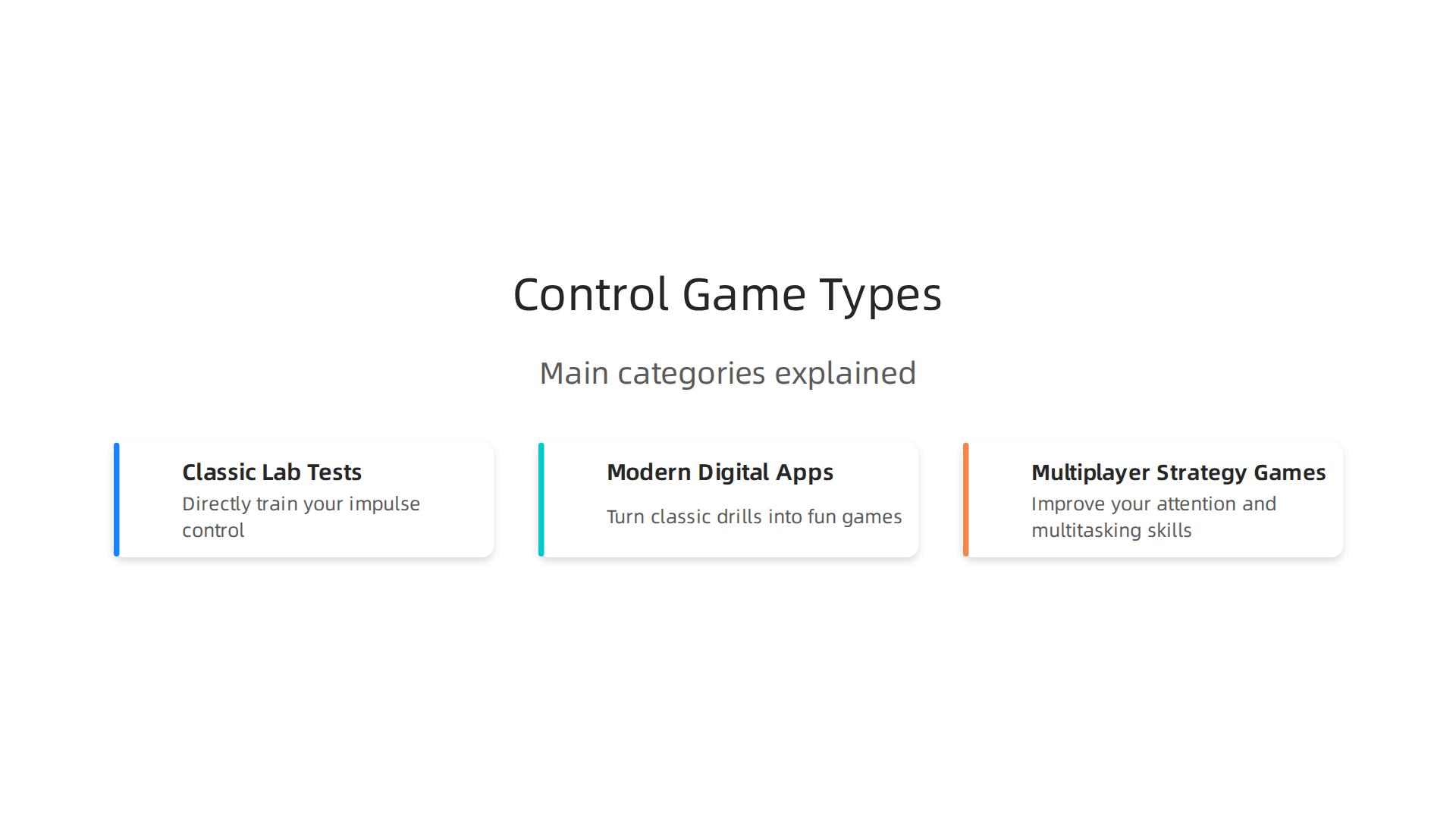 Understand the main categories of control games designed to enhance cognitive function.