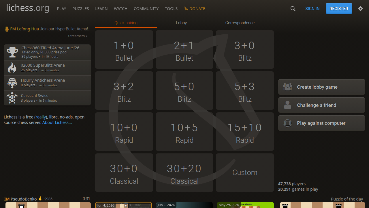 The Lichess platform, a popular free online chess server for players of all levels.