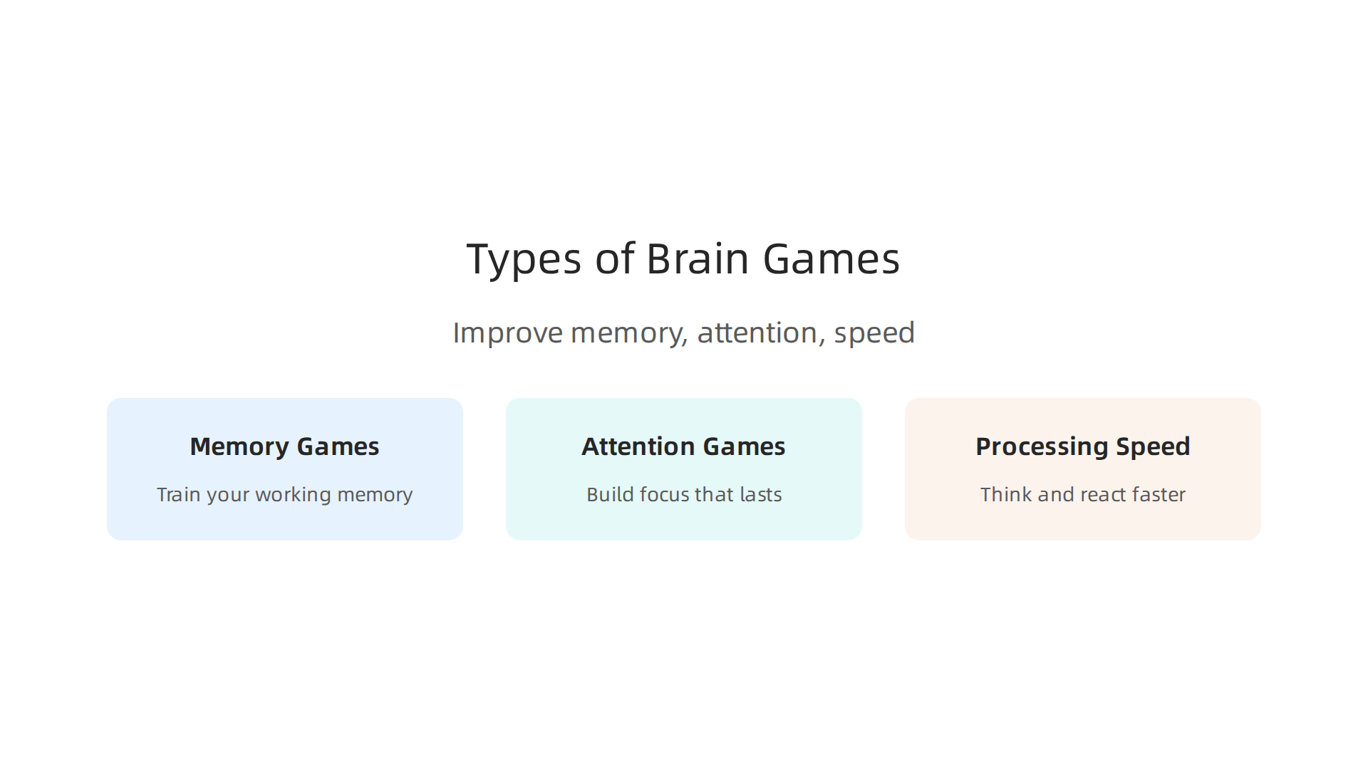An infographic illustrating three distinct categories of brain games and their cognitive benefits.