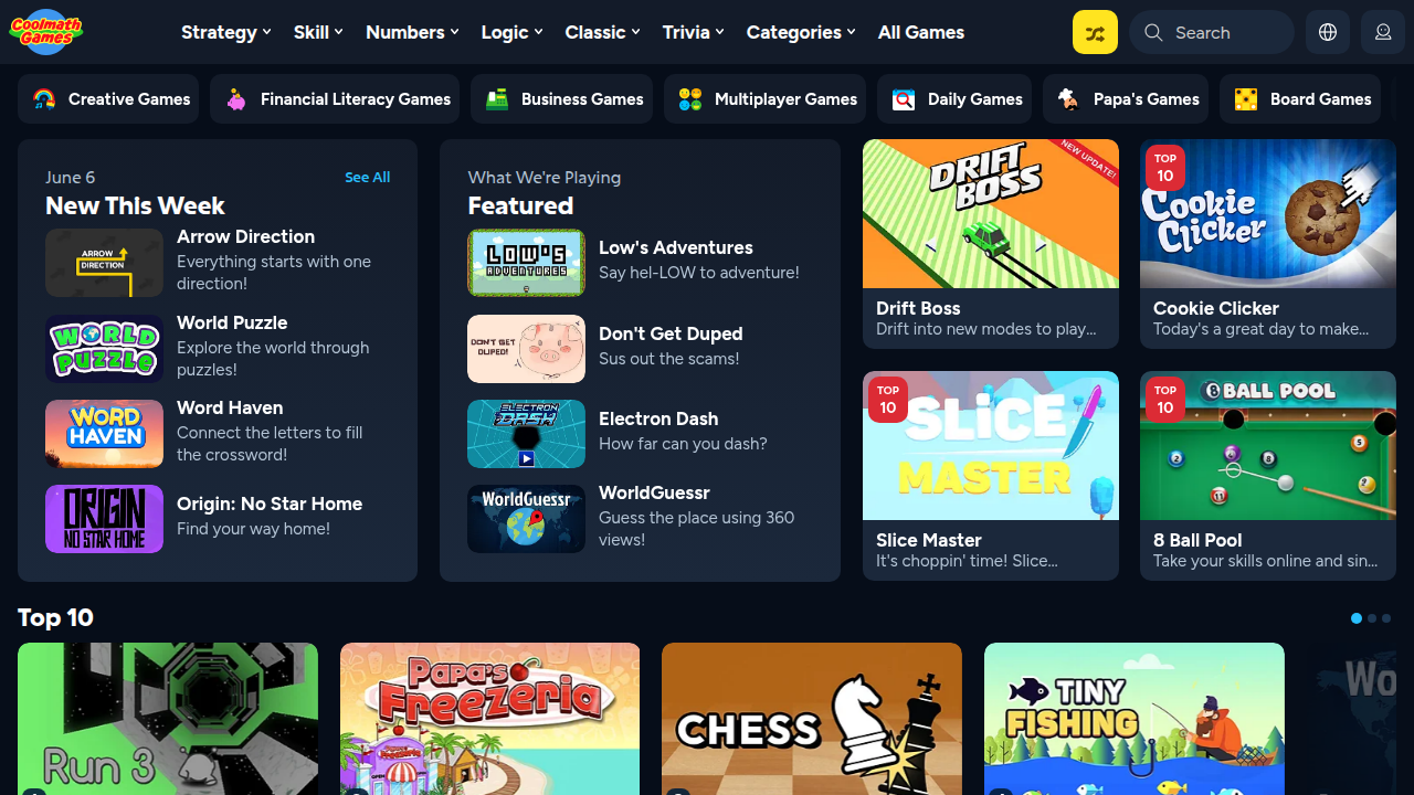 A screenshot of the Cool Math Games website, featuring various educational games including Hangman.