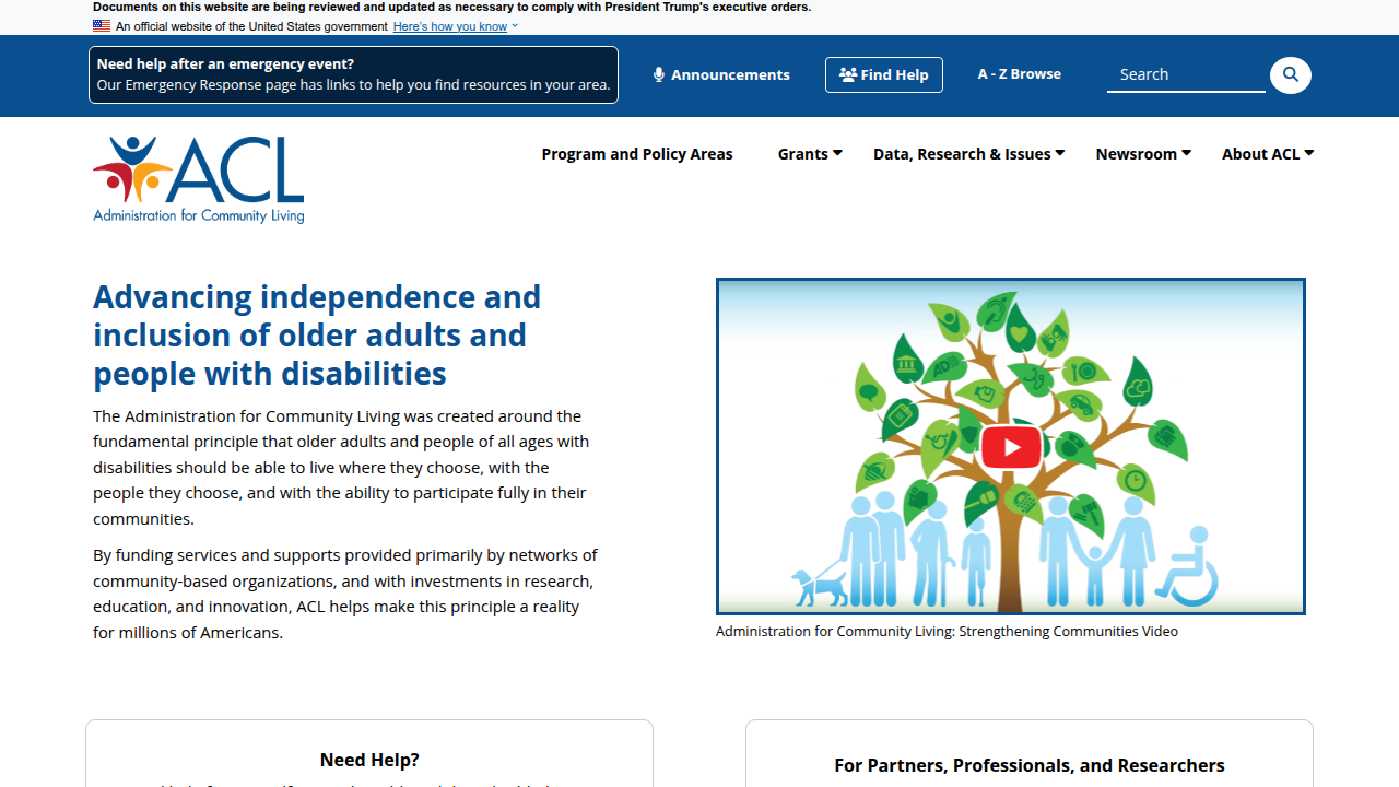 The Administration for Community Living website, a key resource for senior centers and supportive services.