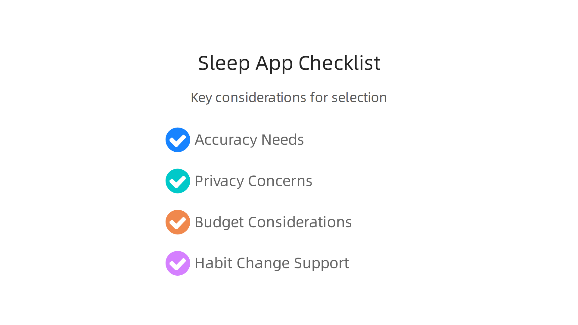 A checklist infographic providing key considerations for selecting the most suitable sleep tracking app based on individual needs and priorities.
