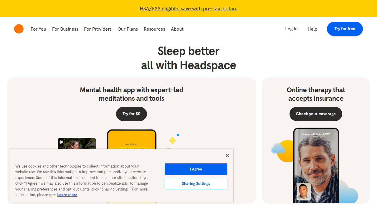 A screenshot of the Headspace app homepage, a popular wellness app known for guided meditation and sleep aids.