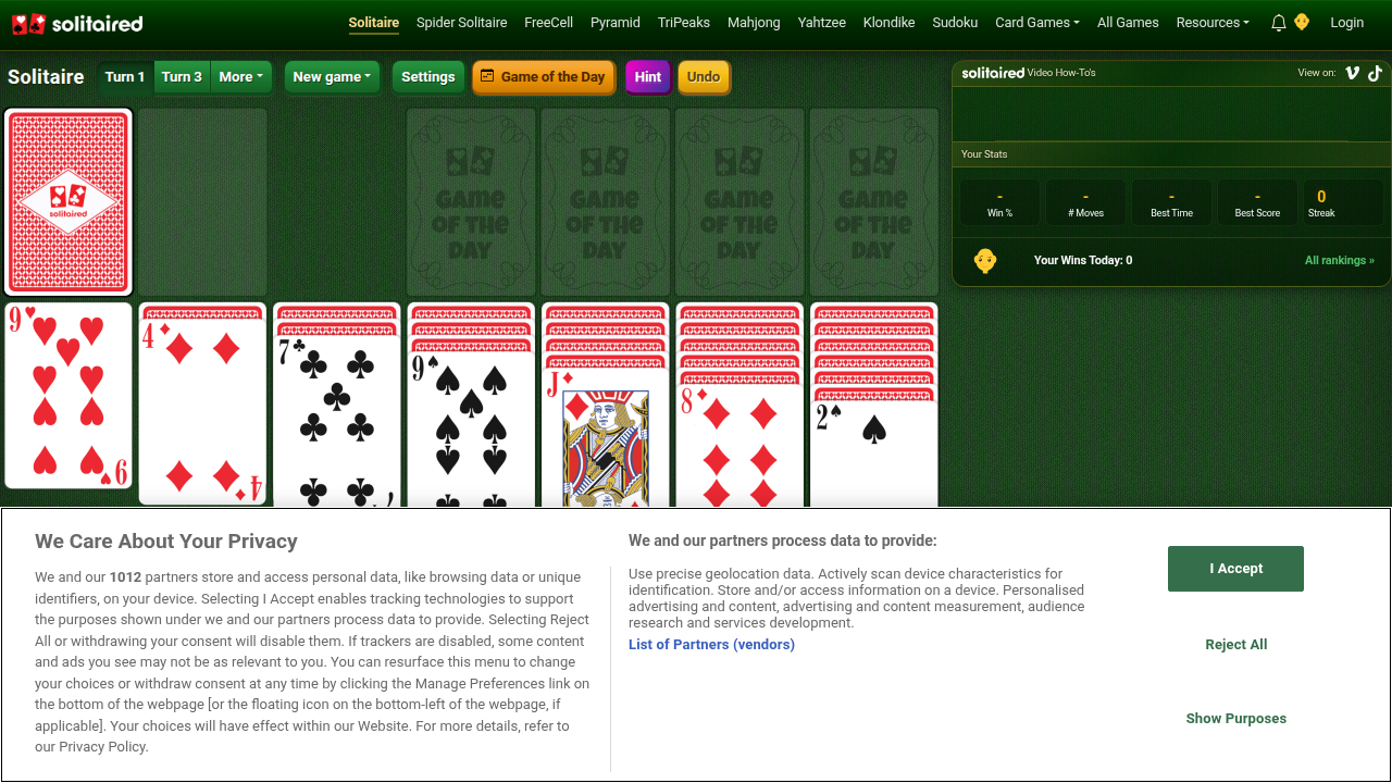 A screenshot of the Solitaired.com homepage, showcasing its user-friendly interface for various solitaire games.