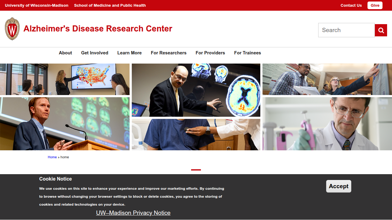 A screenshot of the University of Wisconsin-Madison Alzheimer's Disease Research Center website.