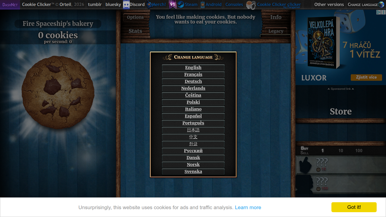 A screenshot of the classic idle game, Cookie Clicker, demonstrating its simple click-and-upgrade loop.