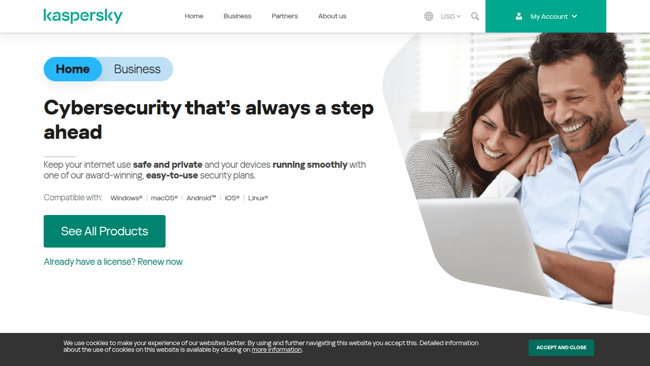The homepage of Kaspersky, a cybersecurity company offering resources on online safety.