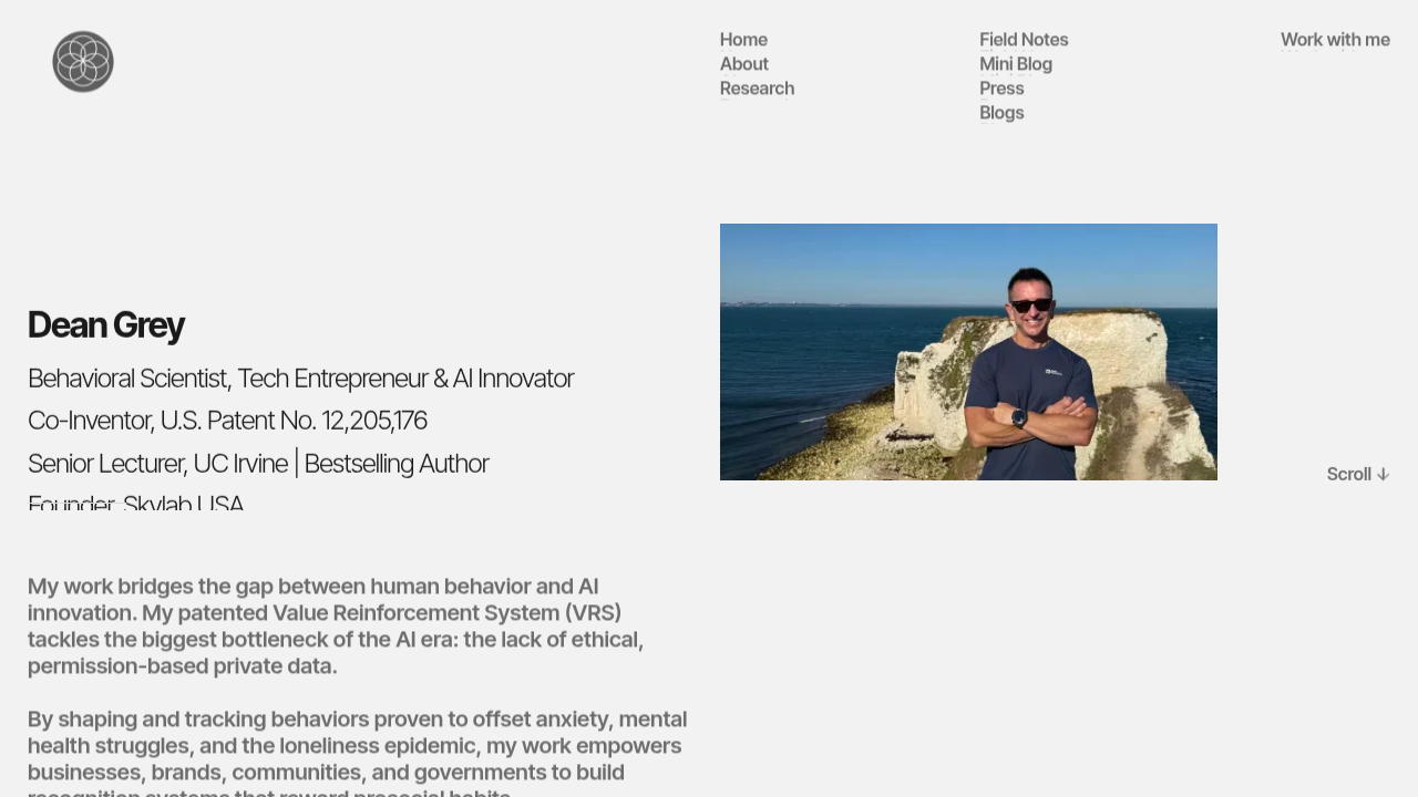 Homepage of Dean Grey's website, featuring insights into cognitive systems and the Value Reinforcement System.
