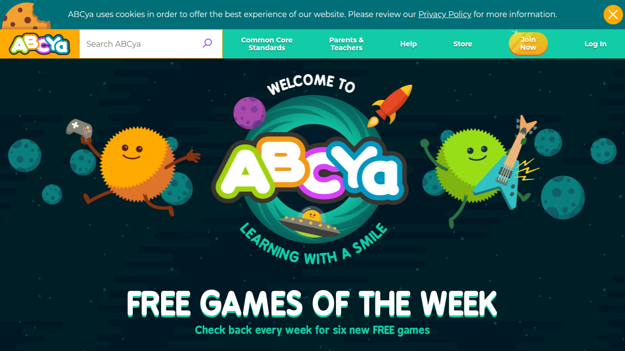 A screenshot of the ABCya homepage, showcasing its user-friendly design and educational game categories for children.