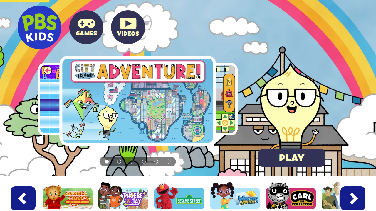 A screenshot of the PBS Kids Games homepage, featuring popular characters and engaging game titles.
