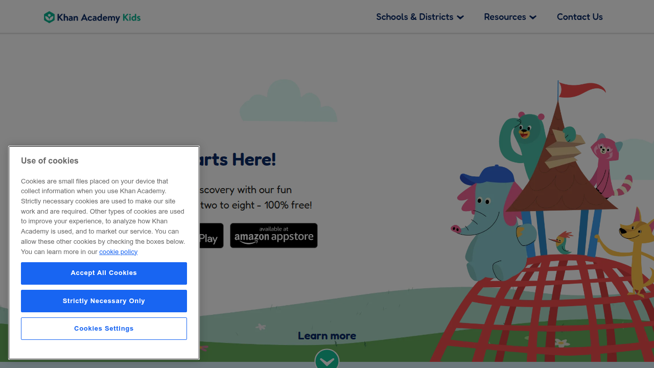 A screenshot of the Khan Academy Kids app or web page, highlighting its ad-free educational content for young children.