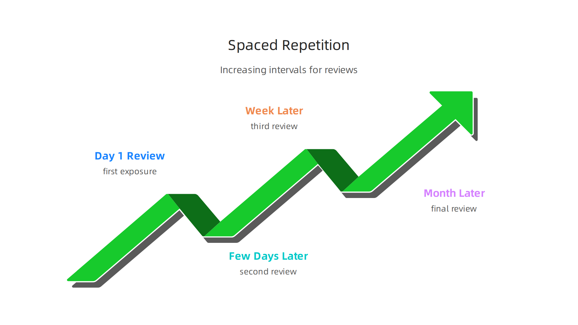 An infographic illustrating a typical spaced repetition schedule, with increasing intervals between reviews to strengthen long-term memory.