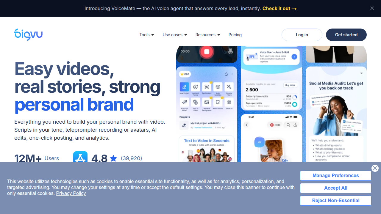 The homepage for BIGVU, a teleprompter app for content creators, highlighting its features for video production and active recall.