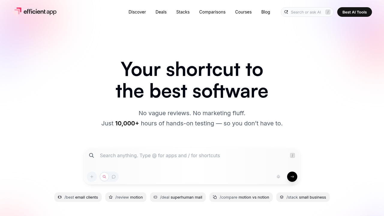 Efficient.app's homepage, a source for comparisons and rankings of productivity tools including calendar apps.