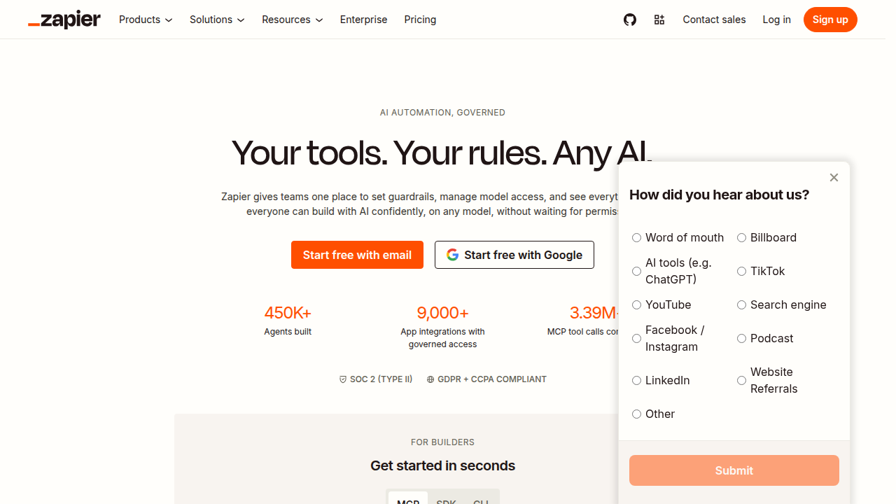 Zapier's homepage, a platform offering integrations and comparisons for various business and productivity software, including calendar tools.