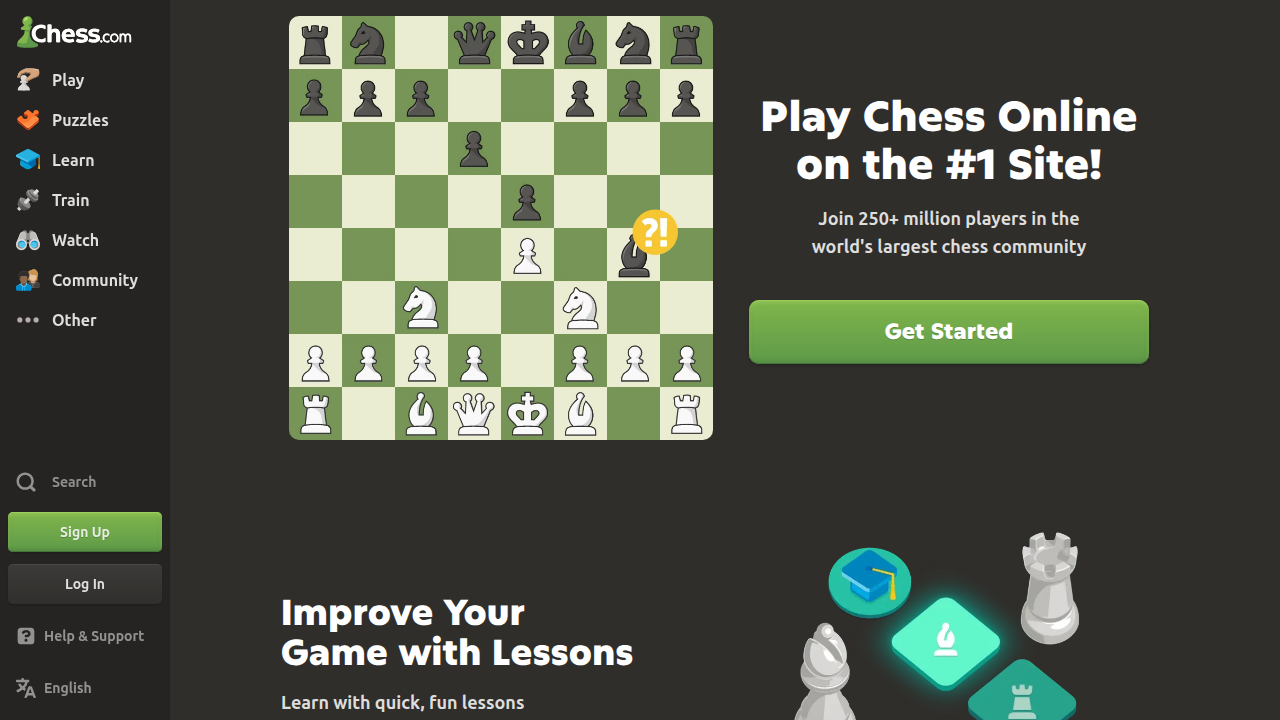 A screenshot of the Chess.com platform, featuring online matches, puzzles, and resources for strategic thinking.