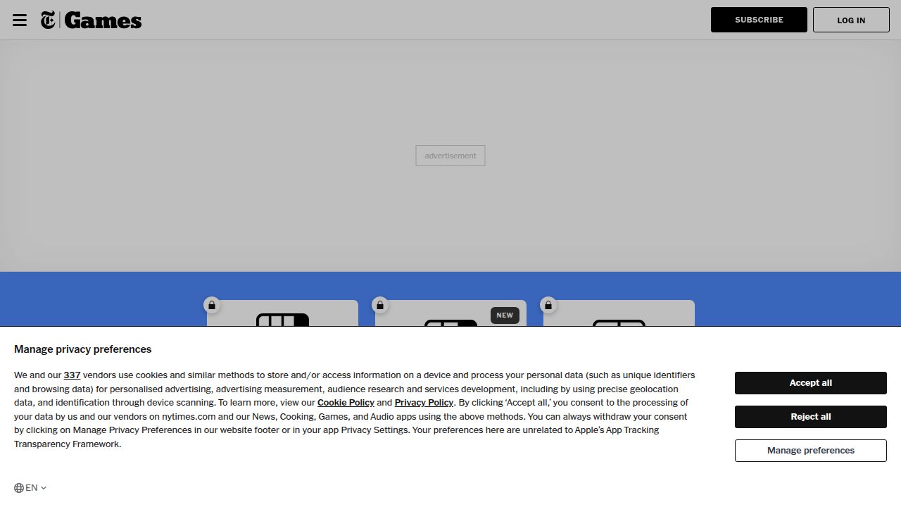 A screenshot of The New York Times Games section, home to popular daily puzzles like Wordle, Sudoku, and crosswords.