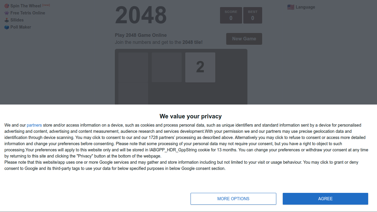 A screenshot of the 2048 sliding-tile puzzle game, demonstrating its numerical agility and planning challenge.