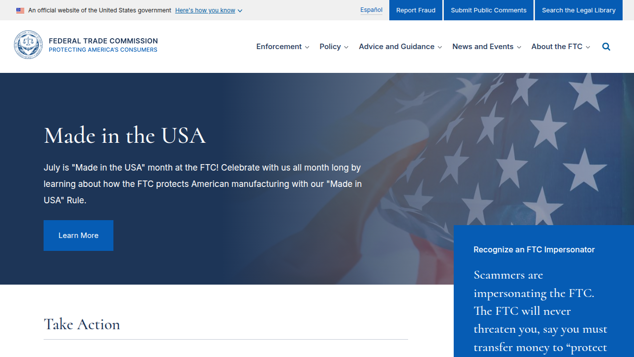 The Federal Trade Commission (FTC) website, providing guidance on children's online privacy and consumer protection.