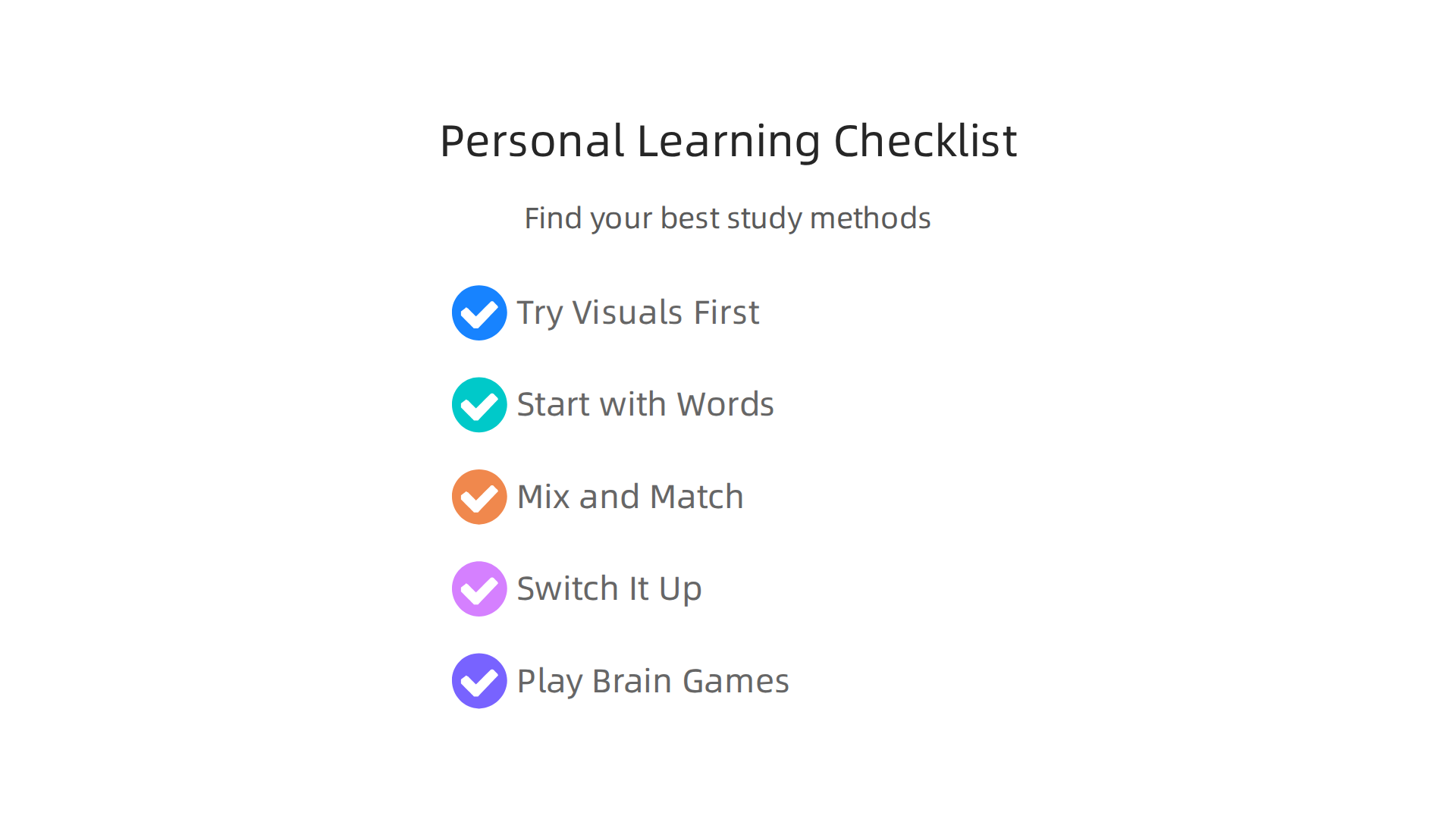 A checklist infographic guiding learners to discover and apply their most effective study methods.