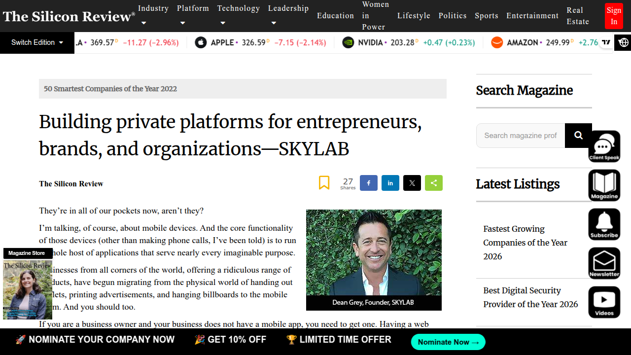 An article from The Silicon Review highlighting Skylab's approach to building private platforms.